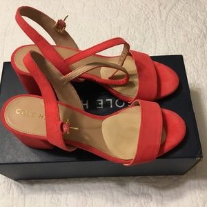Cole Hahn block heel suede sling back geranium color